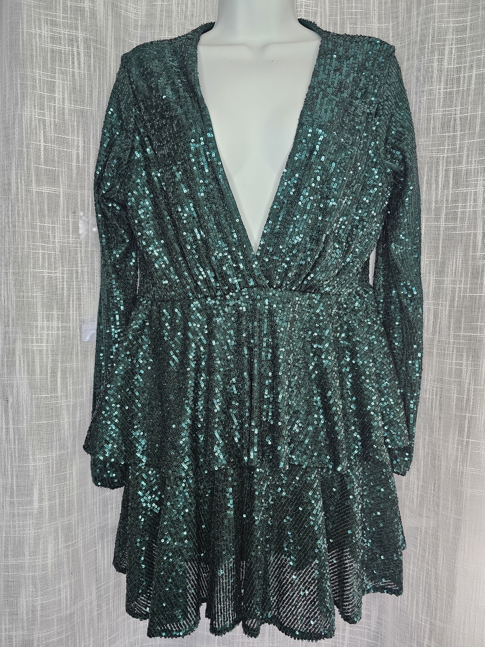 Women's Emerald Green Sequin Plunge V Tiered Romper